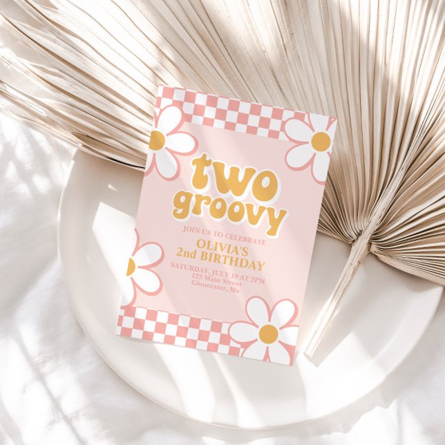 Two Groovy Retro Check Pink Daisy Invitation (Creator Uploaded)