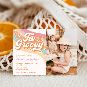 Two Groovy Retro Daisy 2nd Birthday Party Photo  Invitation