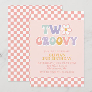 Two Groovy Retro Daisy and Chequered 2nd Birthday Invitation