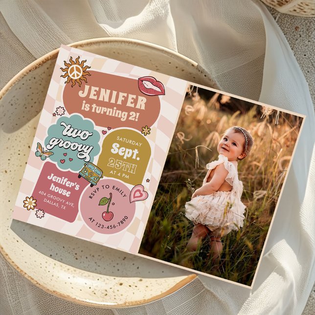 Two Groovy Retro Daisy Girl 2nd Birthday Photo Invitation (Creator Uploaded)