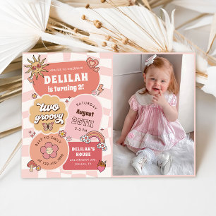 Two Groovy Retro Daisy Girl 2nd Birthday Photo Invitation