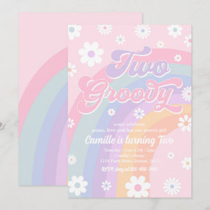 Two Groovy Retro Daisy Pastel Rainbow Birthday Invitation
