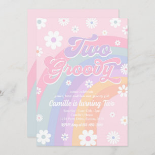 Two Groovy Retro Daisy Pastel Rainbow Birthday Invitation