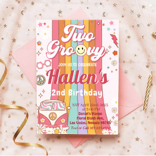 Two Groovy Retro Daisy Rainbow 2nd Birthday Invitation