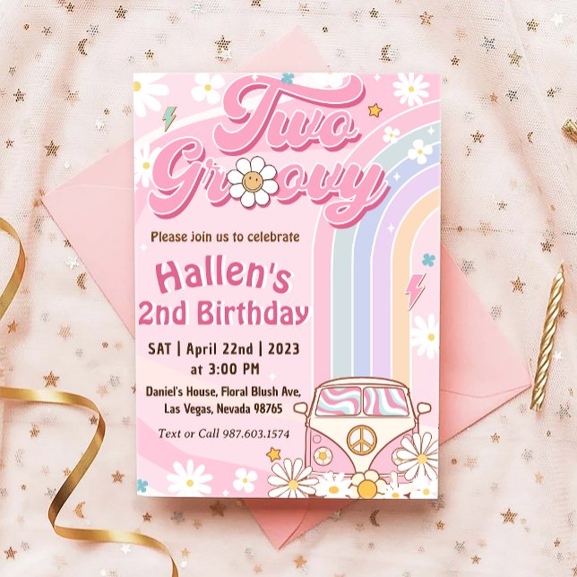 Two Groovy Retro Daisy Rainbow 2nd Birthday Invitation (Creator Uploaded)