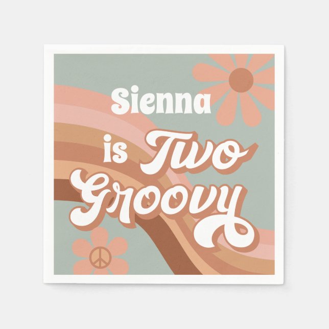 Two Groovy Retro Daisy Sage Pink 2nd Birthday  Napkin (Front)