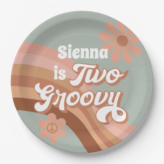 Two Groovy Retro Daisy Sage Pink 2nd Birthday Paper Plate (Front)