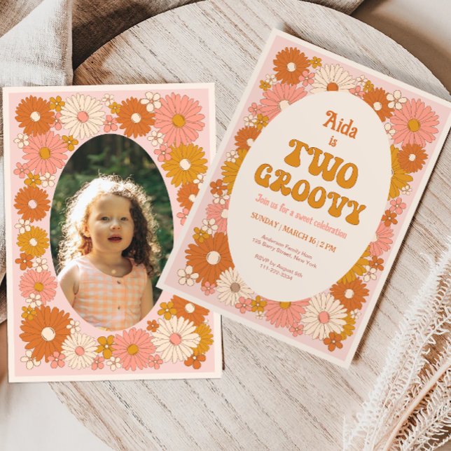 Two Groovy Retro Floral 2nd Birthday Invitation (Creator Uploaded)