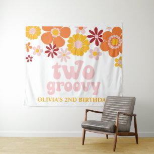 Two Groovy Retro Floral Birthday Banner Tapestry
