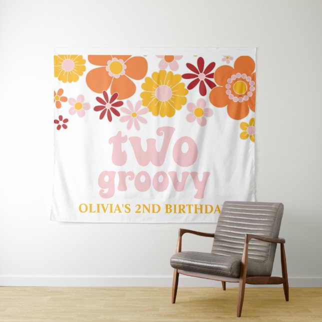 Two Groovy Retro Floral Birthday Banner Tapestry (In Situ (Horizontal))