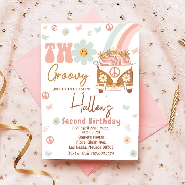 Two Groovy Retro Floral Rainbow 2nd Birthday Invitation (Creator Uploaded)