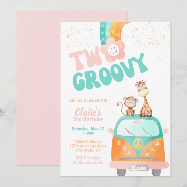 Two Groovy Retro Floral rainbow daisy birthday  Invitation (Front/Back)
