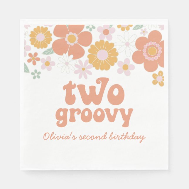 Two Groovy Retro Floral second birthday Napkins (Front)
