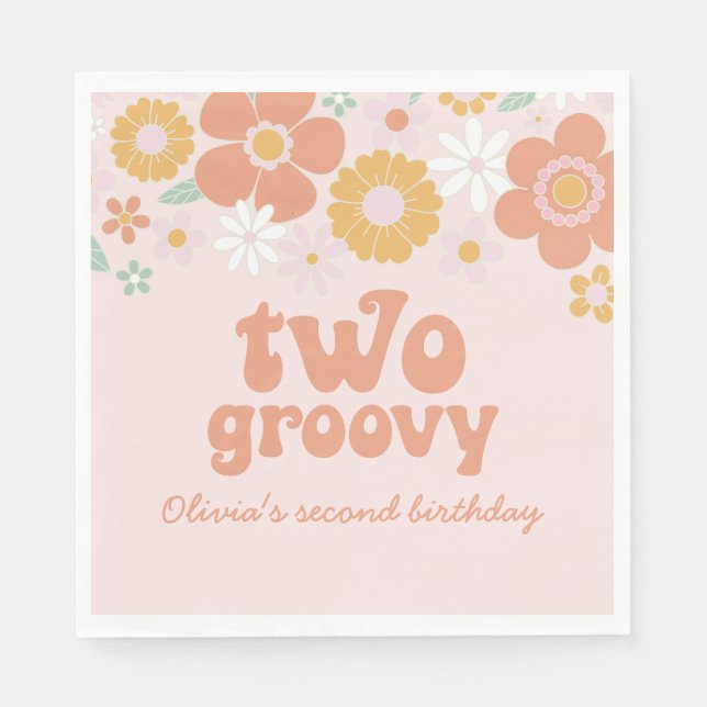 Two Groovy Retro Floral second birthday Napkins (Front)