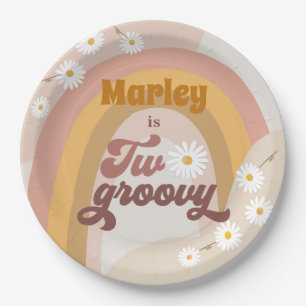 Two Groovy Retro Hippie Daisy Girl 2nd Birthday Paper Plate