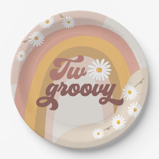 Two Groovy Retro Hippie Daisy Girl 2nd Birthday  Paper Plate (Front)