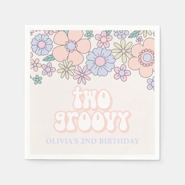 Two Groovy Retro pastel Floral 2nd birthday Napkin (Front)