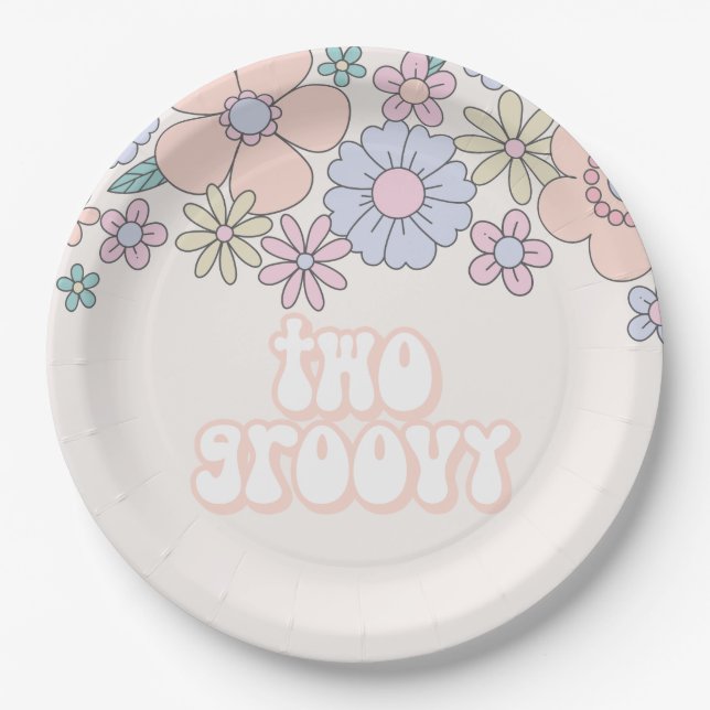 Two Groovy Retro pastel Floral 2nd birthday Paper Plate (Front)