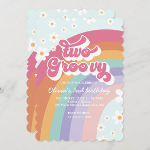 Two Groovy Retro Rainbow 2nd Birthday Invitation