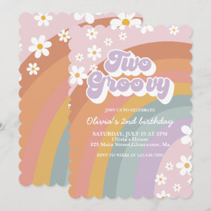 Two Groovy Retro Rainbow 2nd Birthday Invitation