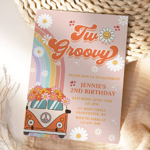 Two Groovy Retro Rainbow 2nd Birthday Invitation