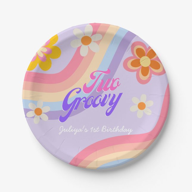 Two Groovy Retro Rainbow 2nd Birthday  Paper Plate (Front)
