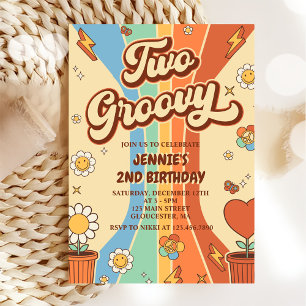 Two Groovy Retro Rainbow 2nd Birthday Party Invitation