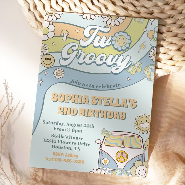 Two Groovy Retro Rainbow 2nd Birthday Party Invitation (Creator Uploaded)