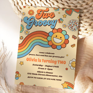 Two Groovy Retro Rainbow 2nd Birthday Party Invitation