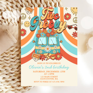 Two Groovy Retro Rainbow 2nd Birthday Party Invitation