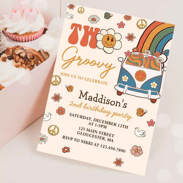 Two Groovy Retro Rainbow 2nd Birthday Party Invitation (Creator Uploaded)