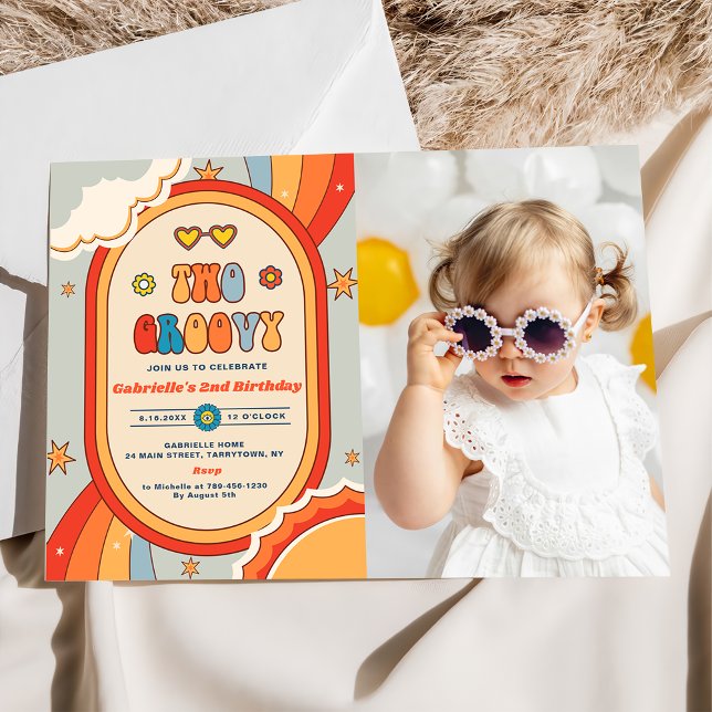 Two Groovy Retro Rainbow 2nd Birthday Party Photo  Invitation (Creator Uploaded)