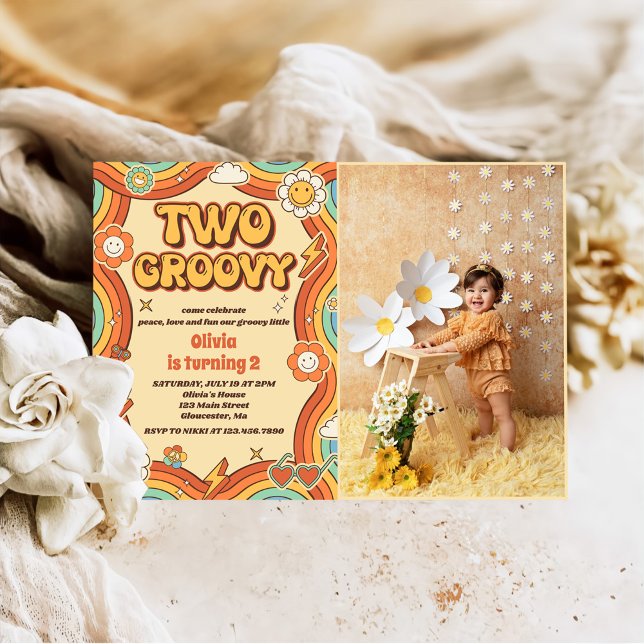 Two Groovy Retro Rainbow 2nd Birthday Party Photo Invitation (Creator Uploaded)