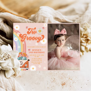 Two Groovy Retro Rainbow 2nd Birthday Photo Invitation