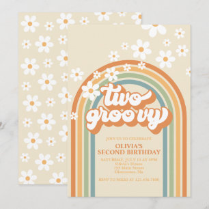 Two Groovy Retro Rainbow Daisy Birthday Invitation