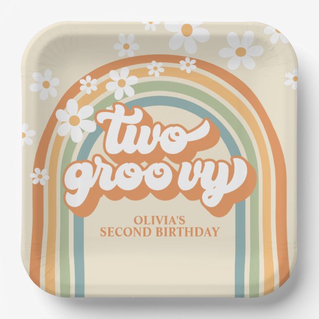 Two Groovy Retro Rainbow Daisy Birthday Paper Plate (Front)