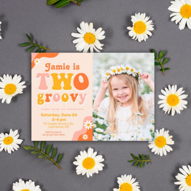 Two Groovy Retro Second Birthday Photo Invitation (Creator Uploaded)