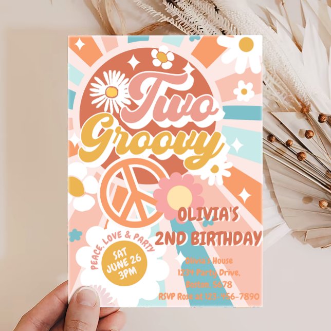 Two Groovy Retro Sunshine Daisy Boho 2nd Birthday Invitation (Creator Uploaded)