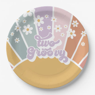 Two Groovy Retro Sunshine Rainbow Daisy Paper Plate