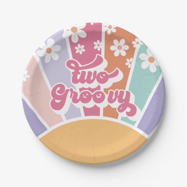 Two Groovy Retro Sunshine Rainbow Daisy Paper Plate (Front)