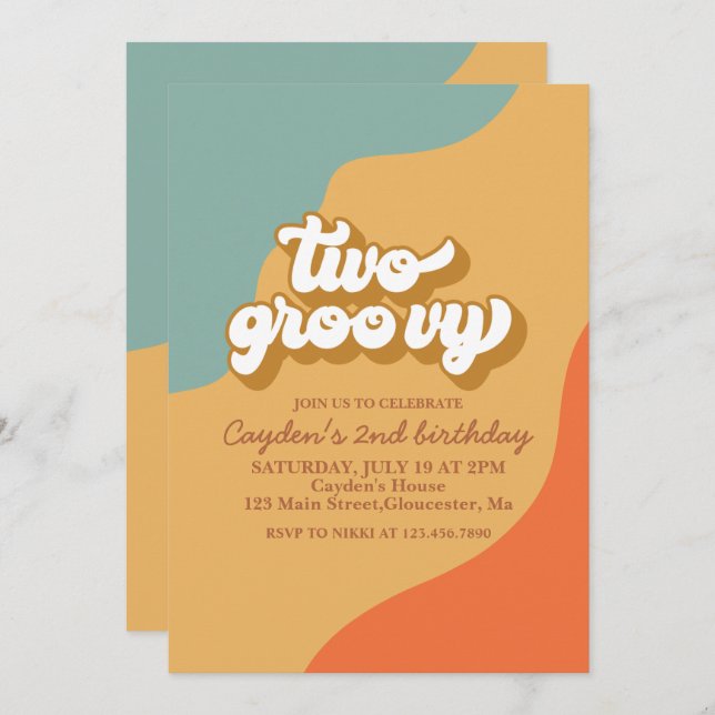 Two Groovy Retro Swirl 2nd Birthday Invitation (Front/Back)
