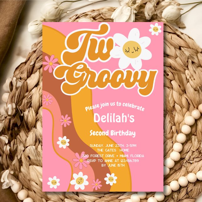 Two groovy retro vintage second birthday invitation (Creator Uploaded)