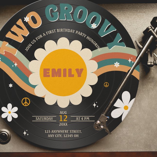 Two Groovy Retro Vinyl Record Girl's 2nd Birthday Invitation (Creator Uploaded)