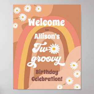 Two Groovy Retro Welcome Hippie Daisy Birthday Poster
