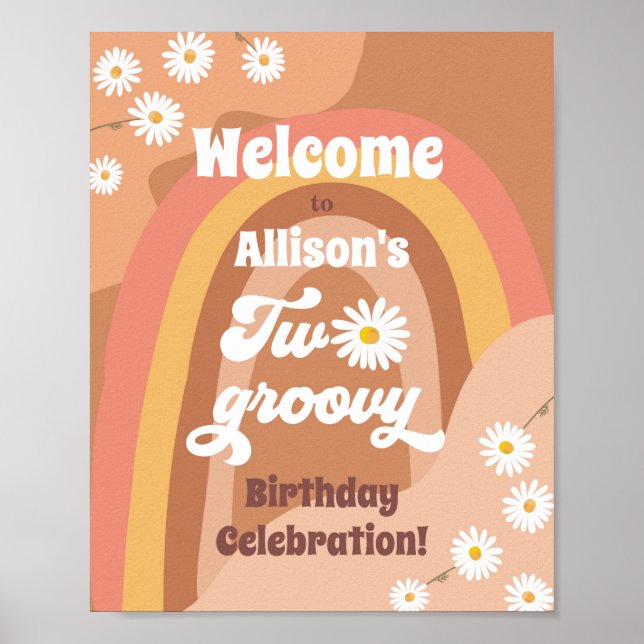 Two Groovy Retro Welcome Hippie Daisy Birthday Poster (Front)