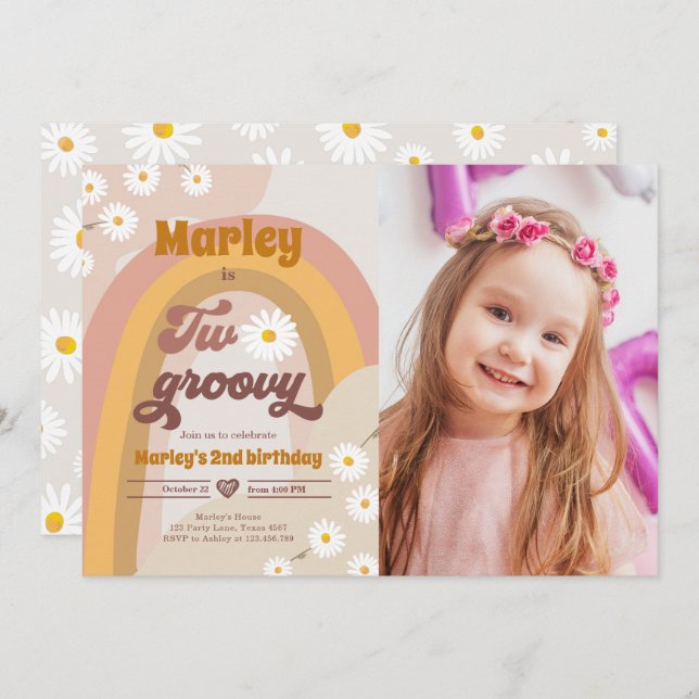 Two Groovy Second Birthday 2nd Retro Boho Daisy In Invitation (Front/Back)