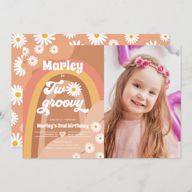 Two Groovy Second Birthday 2nd Retro Boho Daisy In Invitation (Front/Back)