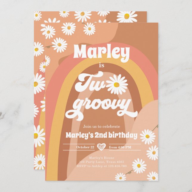 Two Groovy Second Birthday 2nd Retro Boho Daisy Invitation (Front/Back)