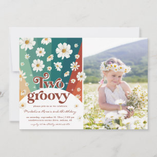 Two Groovy Second Birthday   Retro Daisy Rainbow Invitation