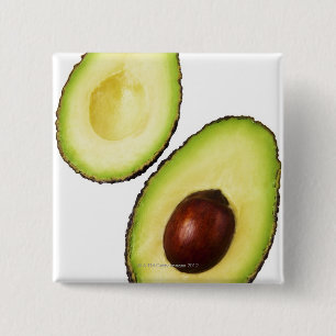 Two halves of an an avocado, on white 15 cm square badge